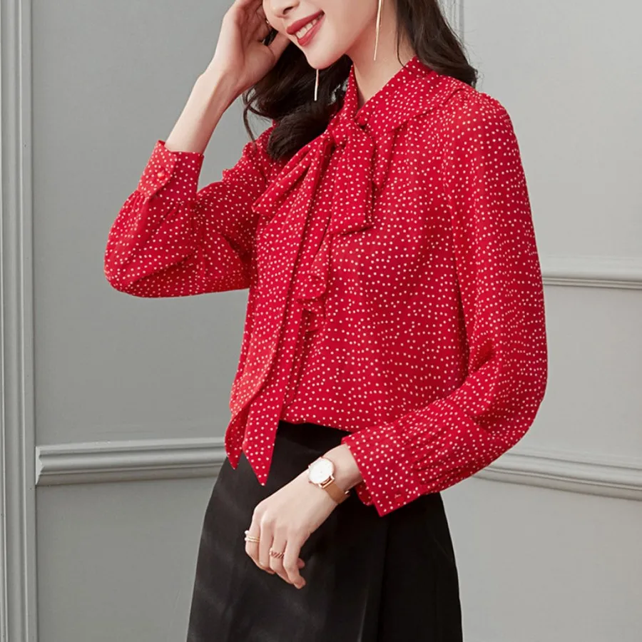 Women Front Tie Knot Chiffon Shirts Office Lady Polk Dot Ruffles Work Shirt Minimalist Tops 2020 Spring | Женская одежда
