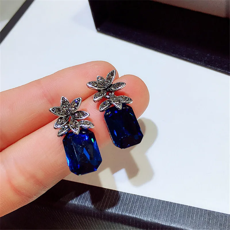 Милые женские квадратные серьги со стразами Элегантные 925 серебряные черные синие Винтажные серьги-гвоздики свадебные серьги для женщин