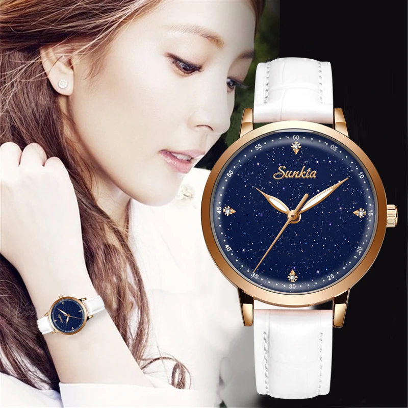 

SUNKTA Leather Watch Women Simple Elegant Fashion Dress Ladies Watches Casual Quartz Watch Girls Gift Clock Relogio Feminino+Box