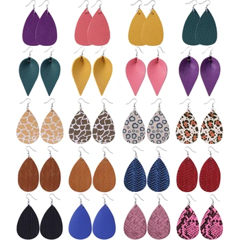 

20Pairs/lot Leaf Teardrop Faux Leather Earrings Set For Women Snakeskin Leopard Weave Statement Earings 2020 Trendy Drop Earing