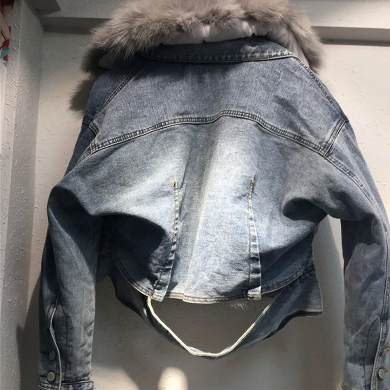 New Loose Women Denim Coat Female Real Rabbit Fur Line Denim Jacket Long Sleeve Jeans Jacket With Fur Parka Outwear Thick