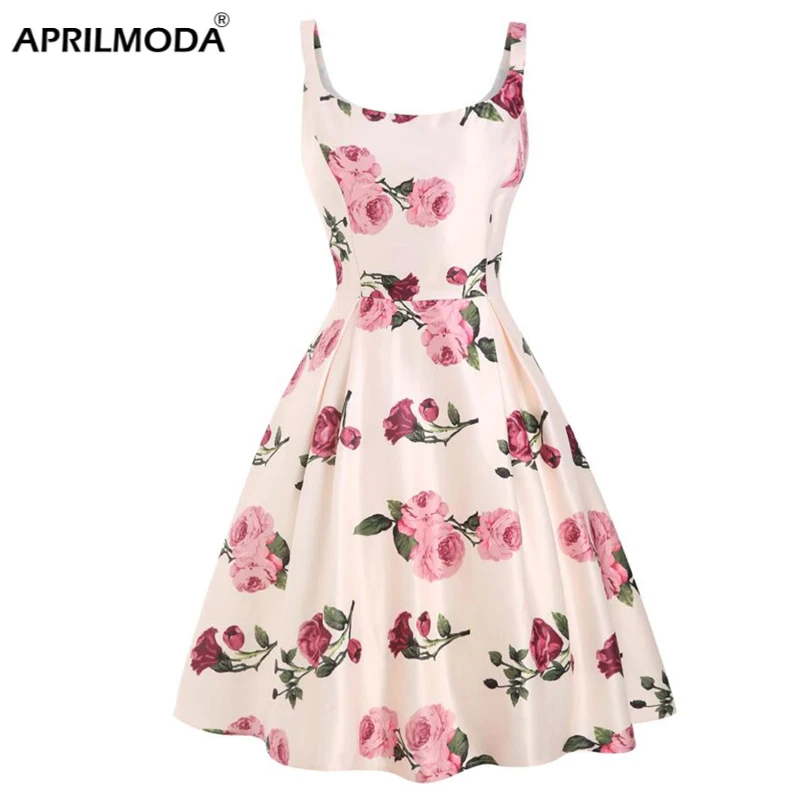 

2020 Women Floral Print Sleeveless Summer Spaghetti Strap Runway Short Dress Pin Up Style Pleated Vintage Midi Flower Dresses