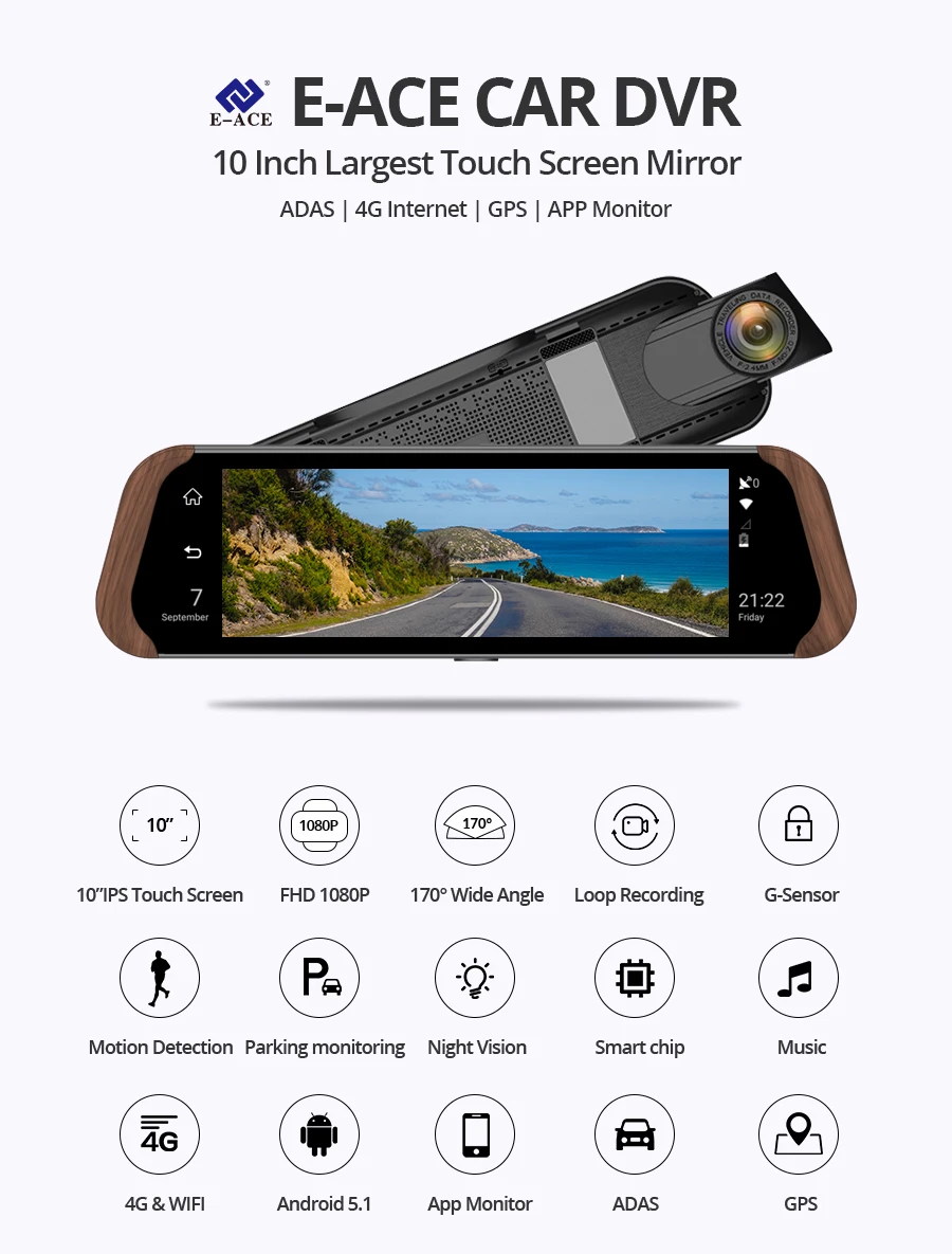 E-ACE D06 Автомобильный видеорегистратор Камера 4G Android 5,1 FHD 1080P видео рекордер Dash Cam 10 дюймов зеркало заднего вида gps навигатор ADAS Регистратор