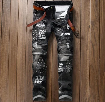

European American Style Men's jeans slim denim trousers Straight luxury brand fashion mens black Patchwork Pleated jeans pants