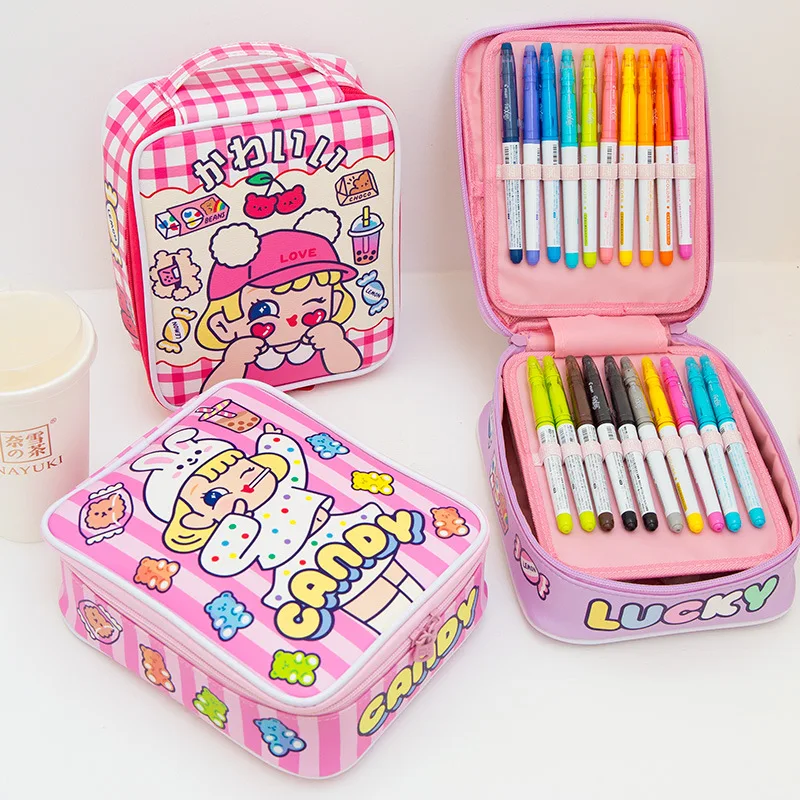 

Yisuremia Kawaii Large Capacity Storage Bag Desk Penceil Cases 40pcs Sockets for Watercolor Pen School Stationery Organizer