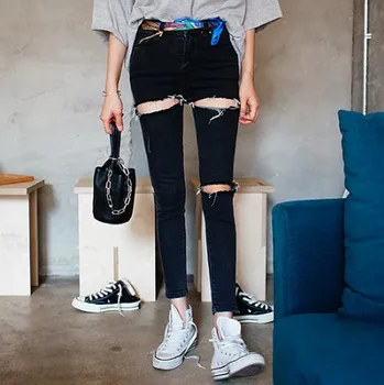 

2020 Korean-style New Style with Holes Cool Versitile Fashion Elastic Waist Ultra-stretch Slim Fit Skinny Pants Jeans
