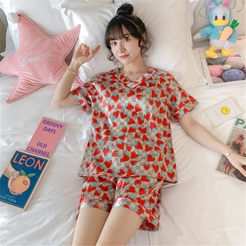 

Pajamas female cartoon summer large size Korean seksi gecelik loose rayon casual home service suit fashion new elegant nightwear