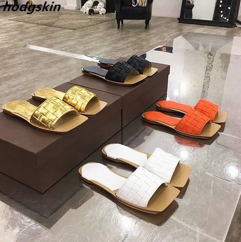 2019 г. Оранжевые тканые женские тапочки с квадратным носом на плоской подошве