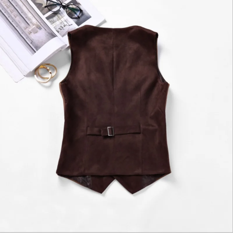 Men's Suit Vest Suede Western Denim Waistcoat Steampunk V-neck Single Breasted жилетка мужская 4
