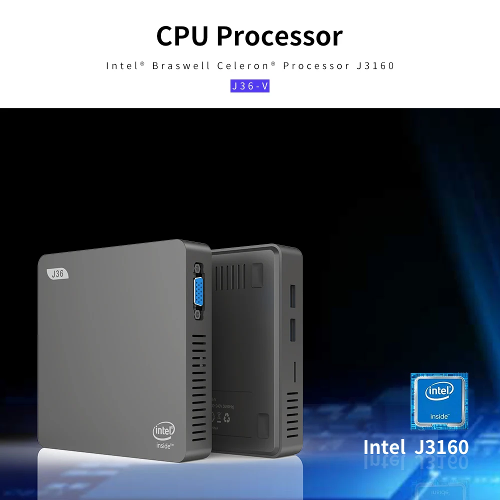 J36-V Мини ПК Windows 10 Мини компьютер Intel Celeron J3160 quad core 1,6 ГГц до 2,24 ГГц 4 Гб+ 64 ГБ расширяемой 1 ТБ SSD 2,4 ГГц/5,8 ГГц Wi-Fi, BT4.0 USB3.0 HDMI+ VGA