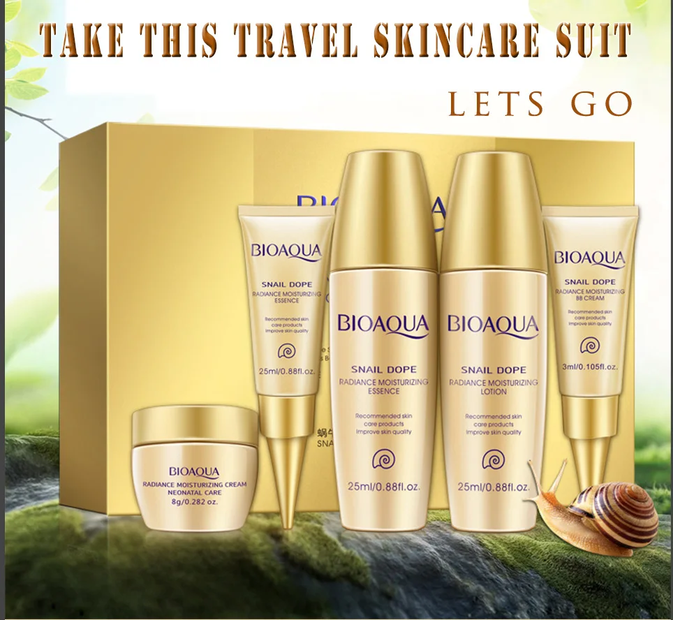 Bioaqua 24K Gold Snail Travel Skin Care Set Anti Aging Wrinkle Essence Eye Cream Toner Facial Cleanser With BB