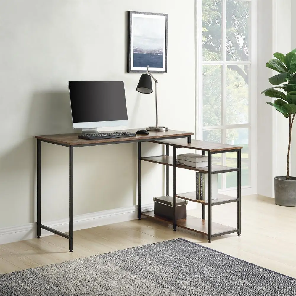 

Home Office L-Shaped Computer desk,Left or Right Set Up, Vintage Brown Industrial Style Corner Desk with Open Shelves , 47" L
