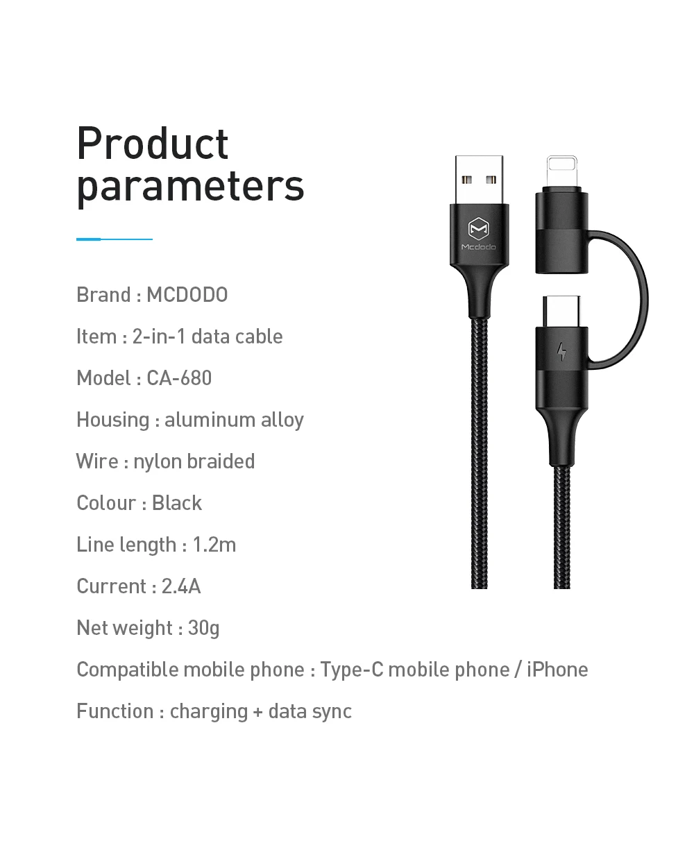 Mcdodo 2 в 1 usb type C кабель для iPhone XS MAX XR X 8 7 Быстрая зарядка USB C кабель для samsung Xiaomi телефон зарядное устройство Шнур данных