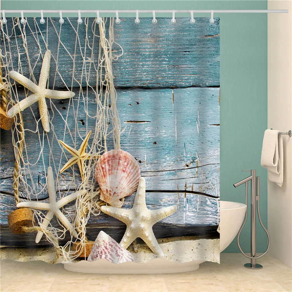 Fabric Shower Curtain Bathroom Waterproof Beach Ocean Decor Seashell Starfish 