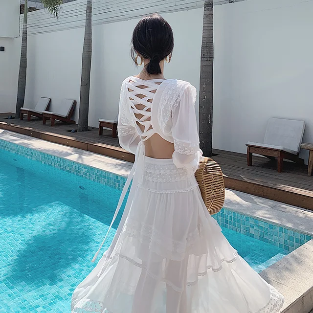 Women Summer Dress Sexy Chiffon Long Sleeve Hollow Out Bandage Back Ruched White Fairy Ladies Fashion Beach Holiday Dresses 5
