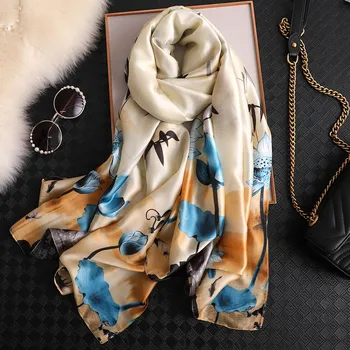 

New style Chinese Silk Autumn and winter Popular Headscarf Lady Fashion beautiful Print scarf Women Sunscreen Beach silk Shawl