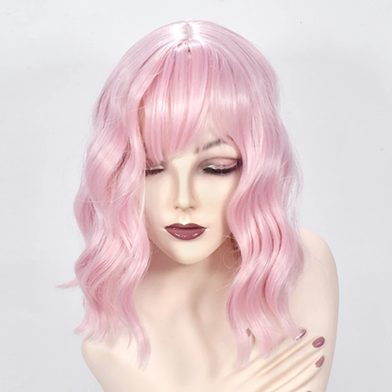 14 дюймовые Короткие Розовые синтетические волнистые парики с челкой для женщин