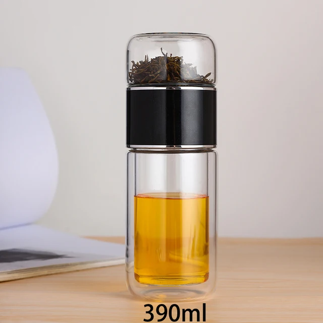 390 ml tevandflaske med højt borosilikatglas, dobbeltlags tevandkop, infuser, tumbler, drikkeglas, vandflaske med tefilter_voghion.com