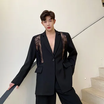 

New Men Hollow Lace Splice Casual Suit Jacket Stage Fashion Show Male Women Loose Blazer Suit Coat Outerwear