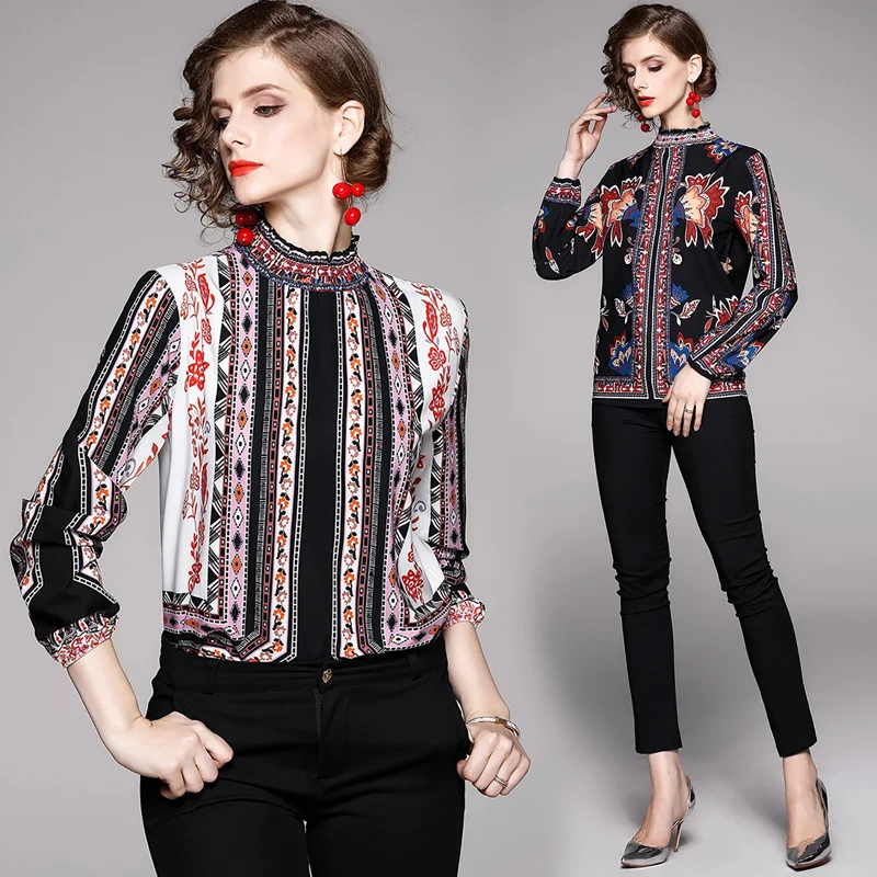 

Spring summer fashion printed long-sleeved stand collar bottoming shirt retro casual womens clothing plus size top ladies blouse
