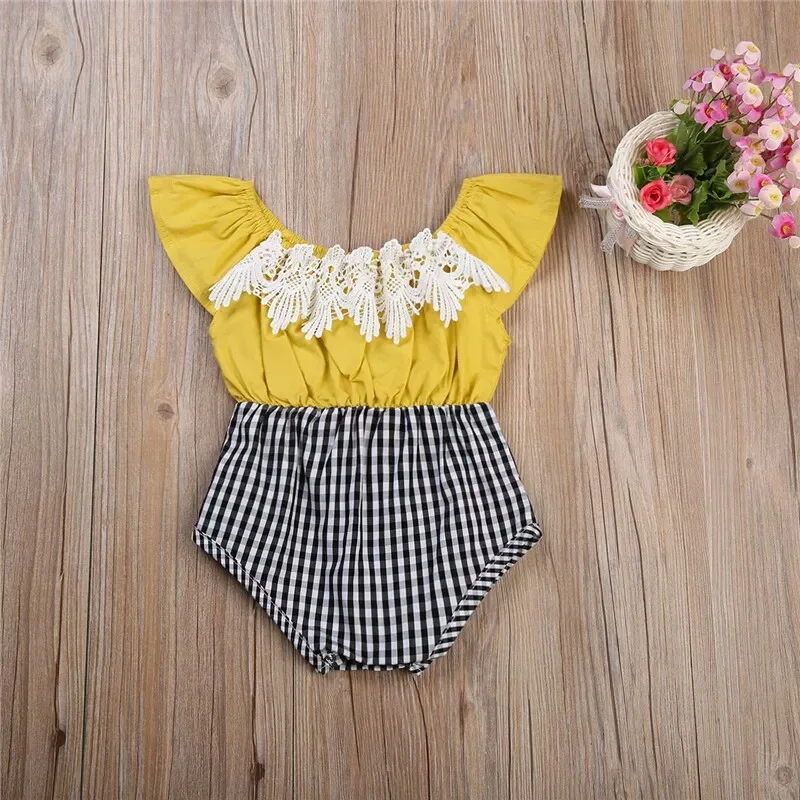 

Baby Onesie Summer off-Shoulder Fly Sleeve Lace-up Crawling Clothes Girls Plaid Triangle Romper Infant Air Conditioning Clothes