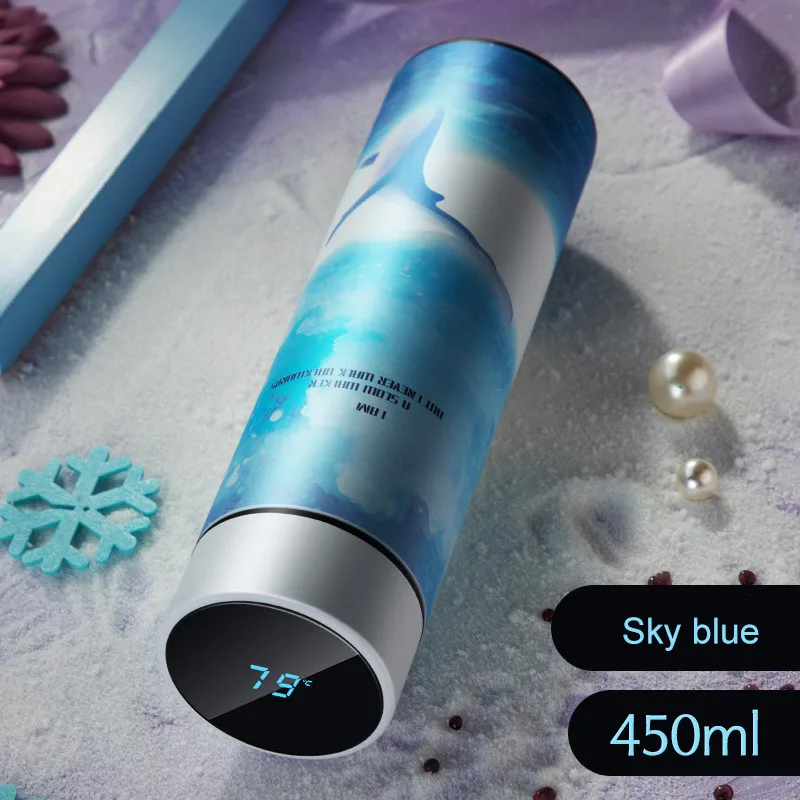 sky blue 450 мл Термос Термосы с дисплеем температуры 304 нержавеющая сталь бутылка для воды дорожная кофейная кружка 6-12 часов прямая чашка - Цвет: sky blue