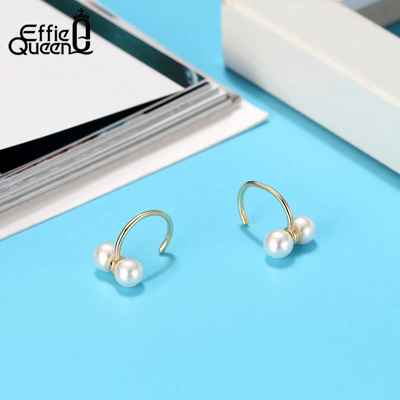 Effie Queen Trendy Gold Color 925 Silver Stud Earrings with Top Grade Simulated Pearl Earring Woman Jewelry Party Gift BE285