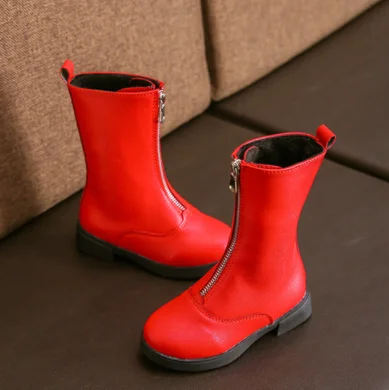 Ботинки для девочек; зимние теплые однотонные ботинки на молнии для маленьких девочек; зимняя обувь из искусственной кожи; детские сапоги; Размеры 26-37