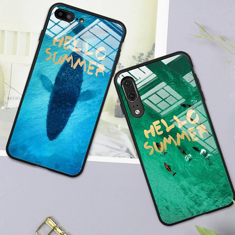 

Strap & Case For Huawei P30 Lite P20 Pro Green Whale ocean Hard Glass Cover For Huawei P30 Pro P20 Lite 2019 phone Casing