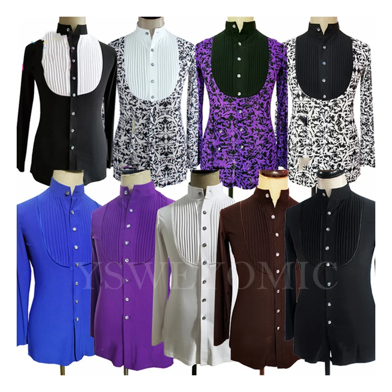 Men's Long Sleeve V Neck Sequin Diamond Tops Latin Ballroom Shirt Practice Competition Latin Dance Shirts