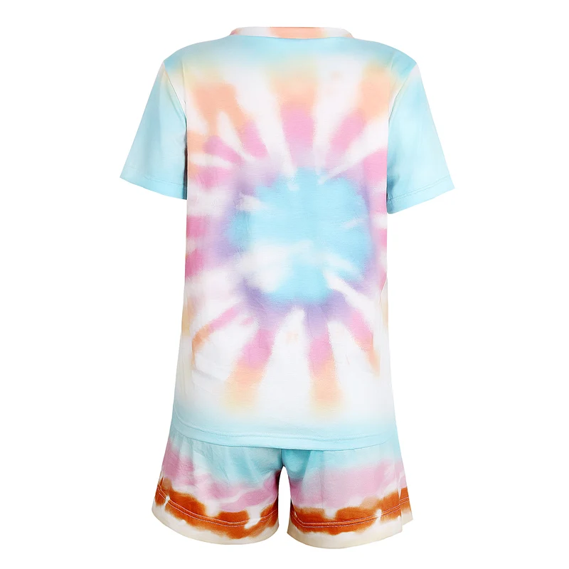 Women Casual Loose Tie Dye Colorful Clothing Sets Lady Short Sleeve Pullover Crew Neck Top +  High Waist Drawstring Shorts loungewear sets