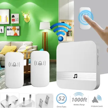 

300M Waterproof LED Wireless Doorbell EU/US/UK Plug 52 Songs Chime Door Bell SOS Easy Install 2 buttons 1 receiver