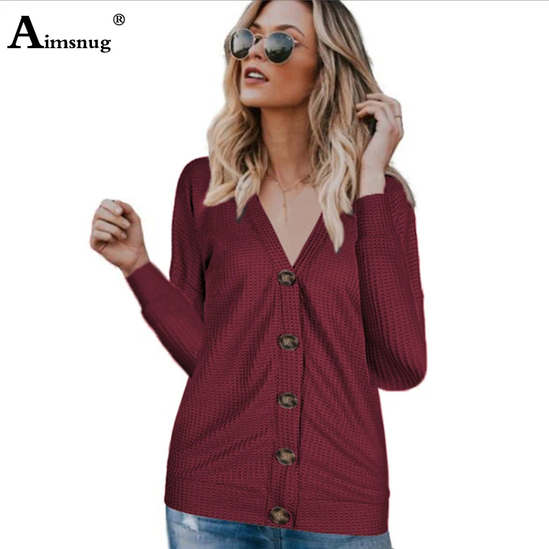 

Aimsnug 2019 New Autumn Winter Sweater Women Tops Long Sleeve Casual Loose V Neck Button Female Basic Cardigans Knitwear