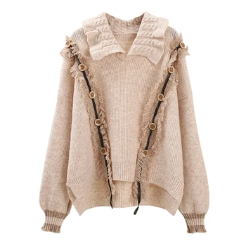 

LANMREM 2020 autumn winter large button tassel pullover loose ruffles button turn-down collar thick OL sweater for women2A181