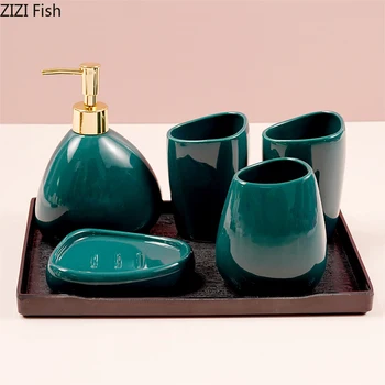 

Minimalist Style Set of Five Sets of Ceramics Bathroom Set with Tray Wash Cup Creative Bathroom Kit New Wedding Products