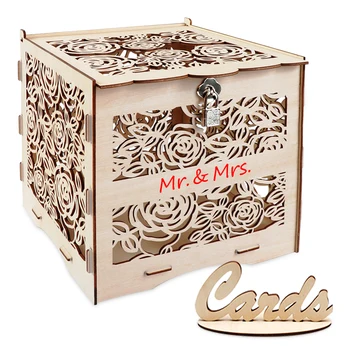 

OHEART Rustic DIY Wedding Card Box Wood Gift Box with Lock Money Box Hollow Hearts Shaped Gift Card Box Sign Anniversary Party