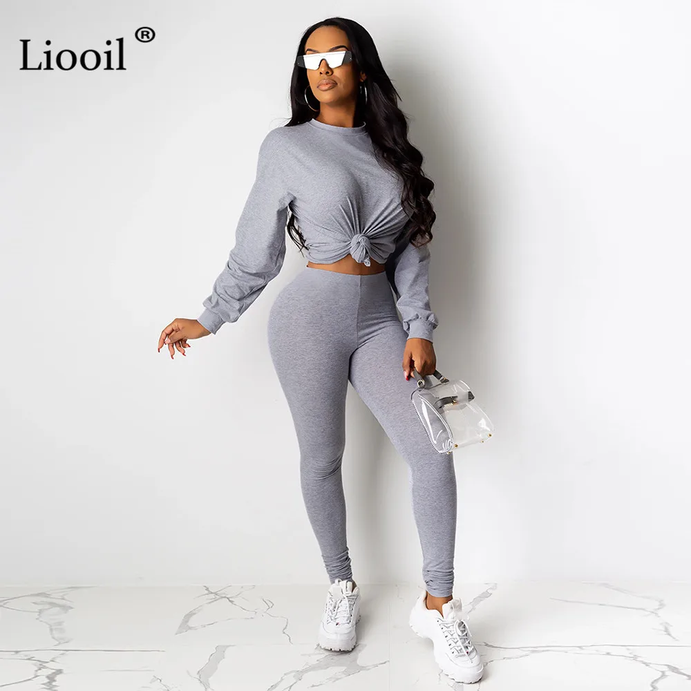 Liooil, однотонный спортивный костюм, женский комплект из двух предметов, Осень-зима, свитер с круглым вырезом и длинными рукавами и брюки-карандаш, спортивные комплекты