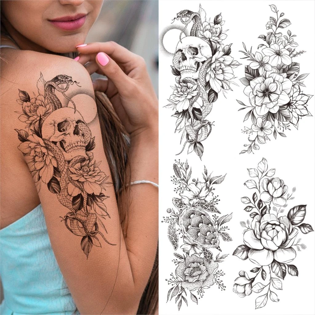 Skull Dahlia Temporary Tattoos For Women Men Mamba Snake Flower Turtle Fake Tatoos Washable Half Sleeve Arm Tattoo Sticker Temporary Tattoos Aliexpress