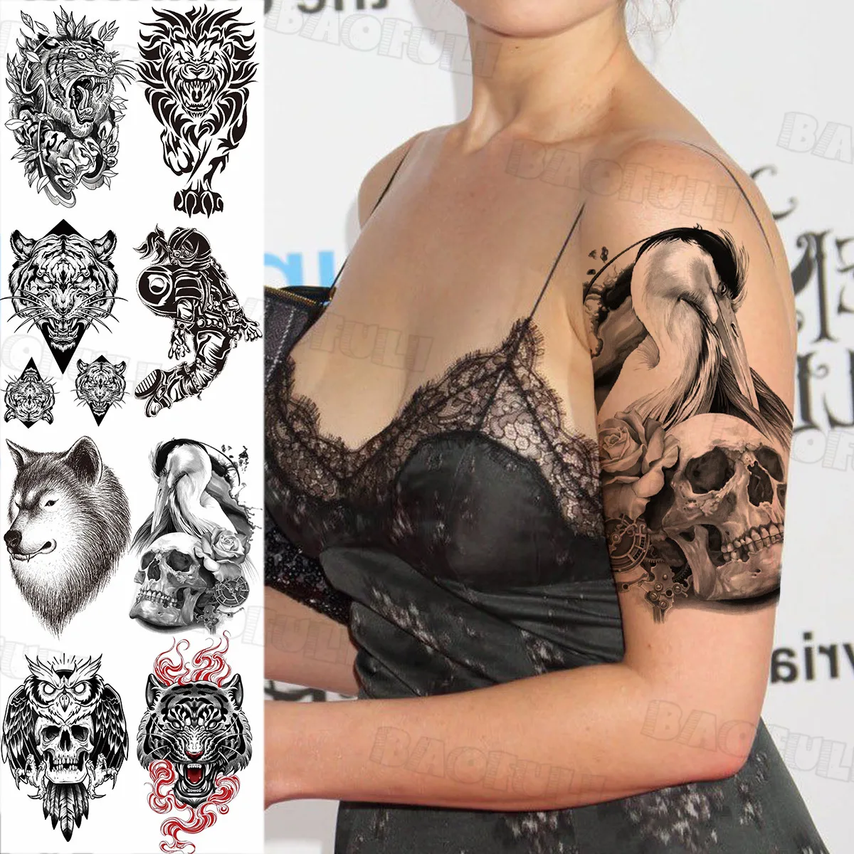 

Realistic Flamingo Skull Rose Fake Tattoos For Women Men Lion Tiger Wolf Owl Temporary Tattoo Sexy Water Transfer Tattoo Sticker