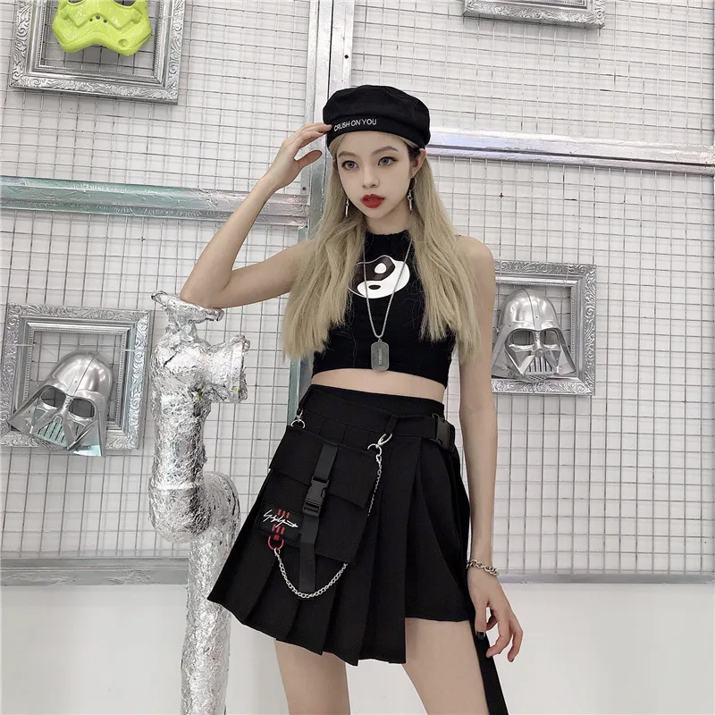 Plus Size College Vintage Asymmetrical Punk Sexy Pleated Mini Short skirt / a line Black Mini Short Skirts with Womens