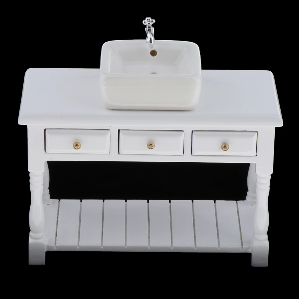 1:12 Mini Ceramic Wash Basin & Cabinet for Dollhouse Scenery Model Accessory