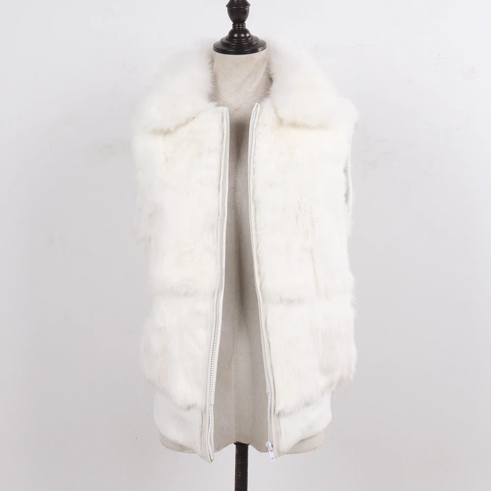 Hot Sale Women Real Fur Vest Natural Warm Rabbit Fur Gilet With Fox Fur Collor Winter Lady Genuine Rabbit Fur Sleeveless Coat