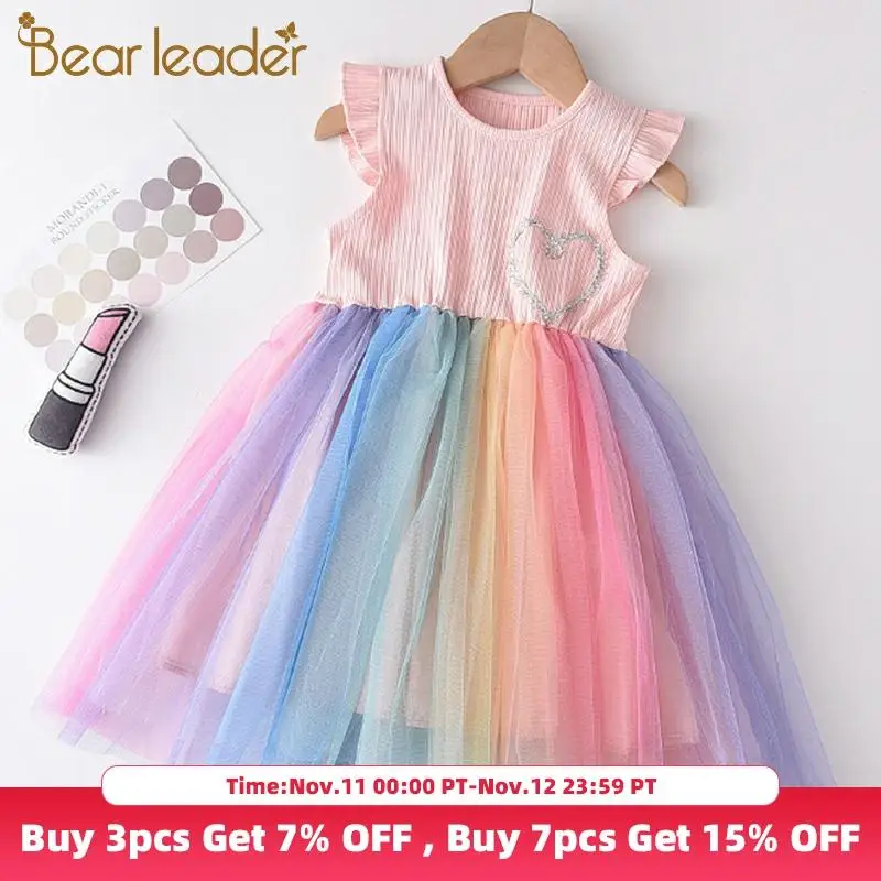 

Bear Leader Girls Rainbow Colorful Dress New Summer Party Costumes Kids Mesh Dresses Sweet Vestidos Outfits Children Clothing