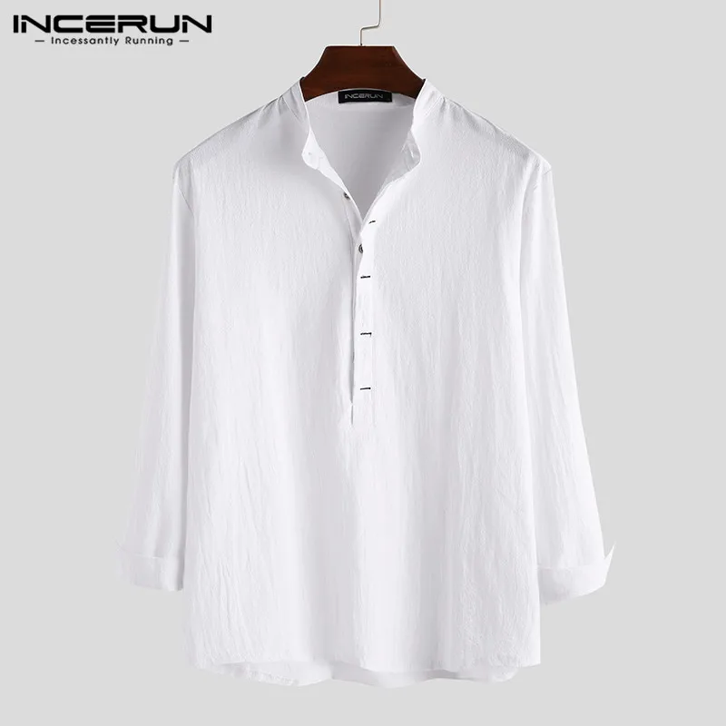 INCERUN Мужская Повседневная рубашка с хлопком в винтажном стиле с длинными рукавами, с воротником-стойкой, однотонная уличная деловая рубашка на пуговицах для мужчин Harajuku - Цвет: White Shirt
