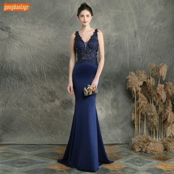 

Sexy Dark Navy Long Evening Dresses V Neck Lace Appliqued Beaded Mermaid Formal Dress Women Party Slim fit Pageant Evening Gowns