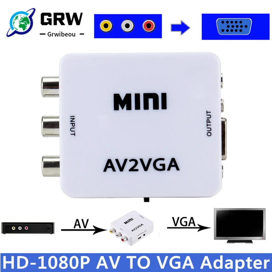 Видеоконвертер GRWIBEOU HD AV2VGA преобразователь AV RCA CVBS в VGA с аудио 3 5 мм на ПК HDTV |