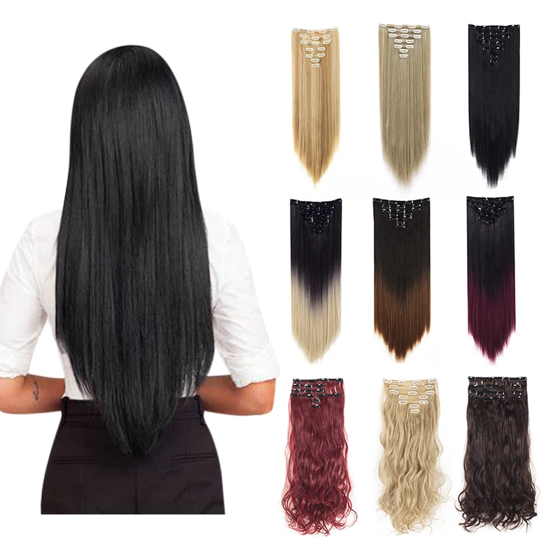 22inch 24inch 7Pcs Thick Curly Wavy Straight Clip In Double Weft Hairpiece Hair Extensions Hidden,Wire Hair Extensions