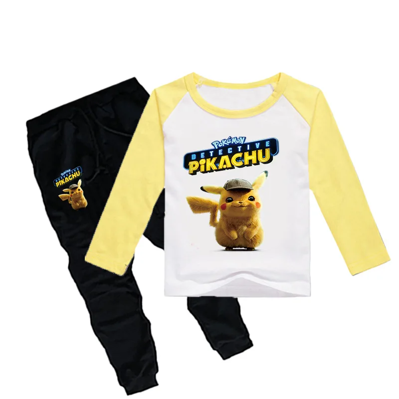 POKEMON GO Detective Pikachu/детская одежда для мальчиков и девочек осенний Свитшот комплект из 2 предметов, хлопковые спортивные толстовки с длинными рукавами и рисунком, Комплект футболок