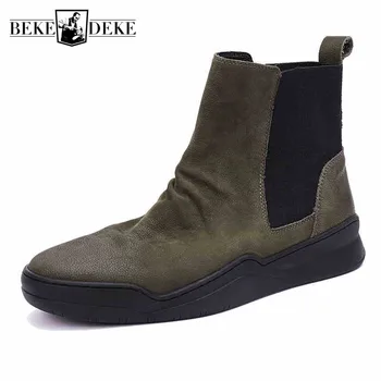 

Vintage Chelsea Boots Men Japan Style Real Leather Cowhide Platform Ankle Shoes Autumn Winter Army Green Brand Work Safety Boots
