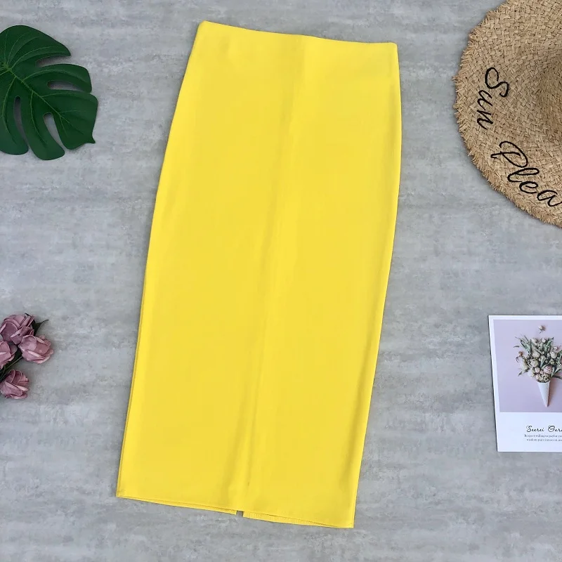 yellow Женские юбки, высокая эластичность, яркие цвета, молния сзади, высокая талия, юбка-карандаш, тянущиеся длинные юбки для женщин, s Jupe Femme - Цвет: yellow